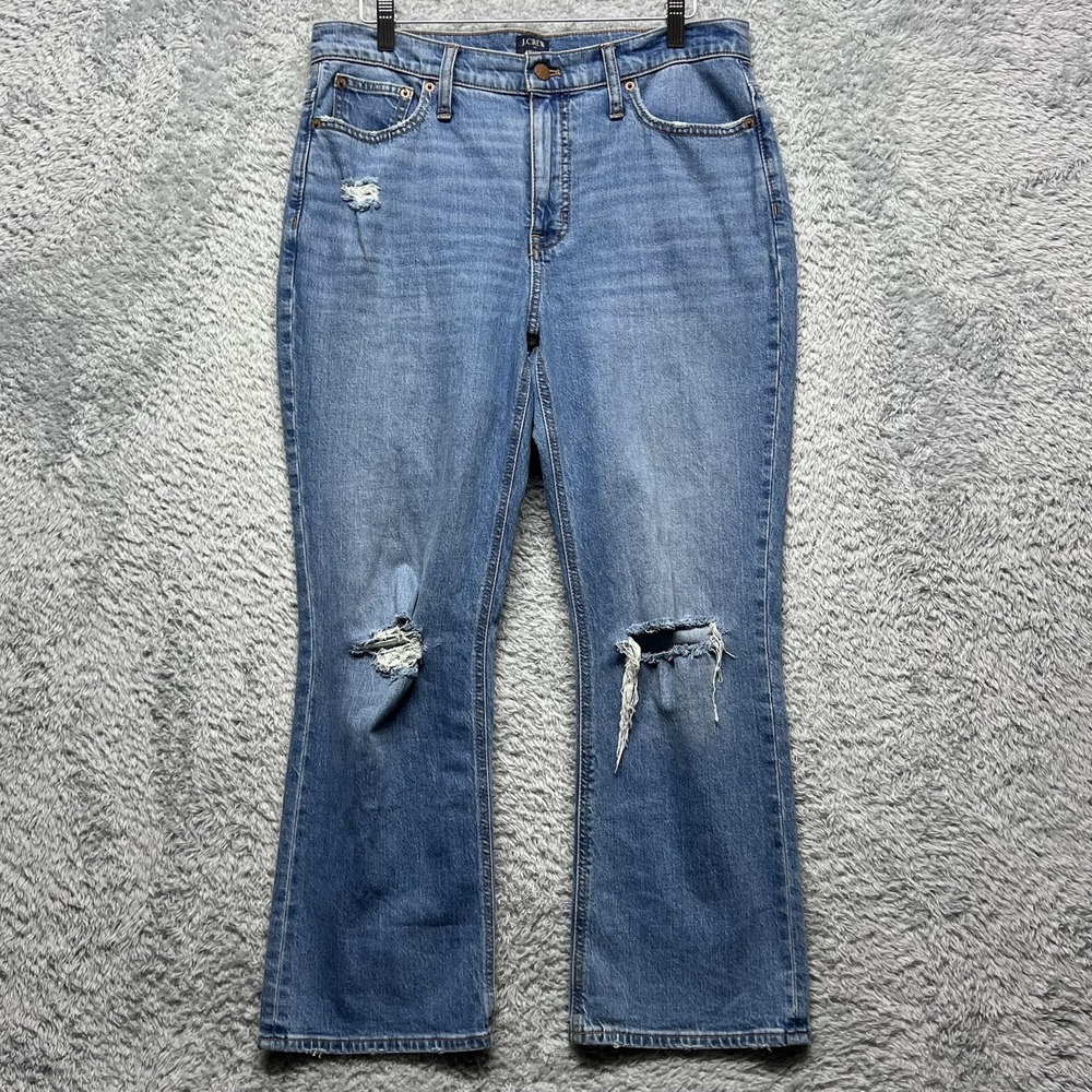 J Crew Jeans Womens 30 Blue Crop Flare Mid Rise Distressed Ripped Stretch